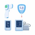 Tonometer, glucometer blood glucose meter, pulse oximeter, thermometer.